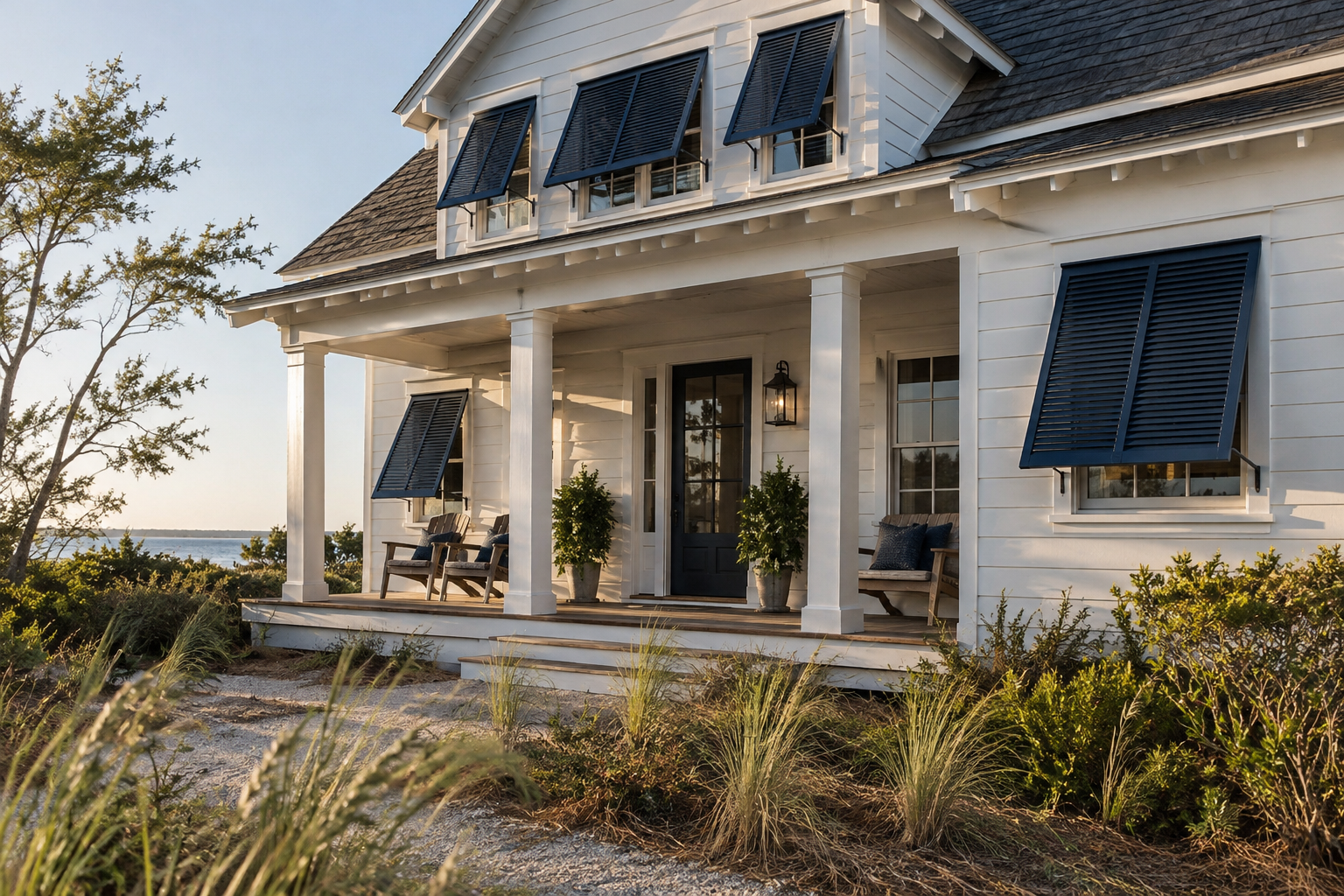 Coastal home with white siding and navy Bahama shutters