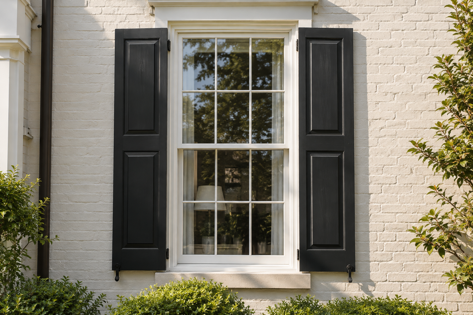 Black raised-panel shutters framing a window in a cream brick exterior
